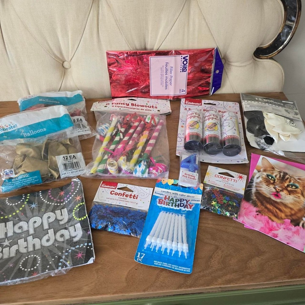 Birthday Party Supplies Lot – Confetti, Poppers, Candles, Card & Decorations